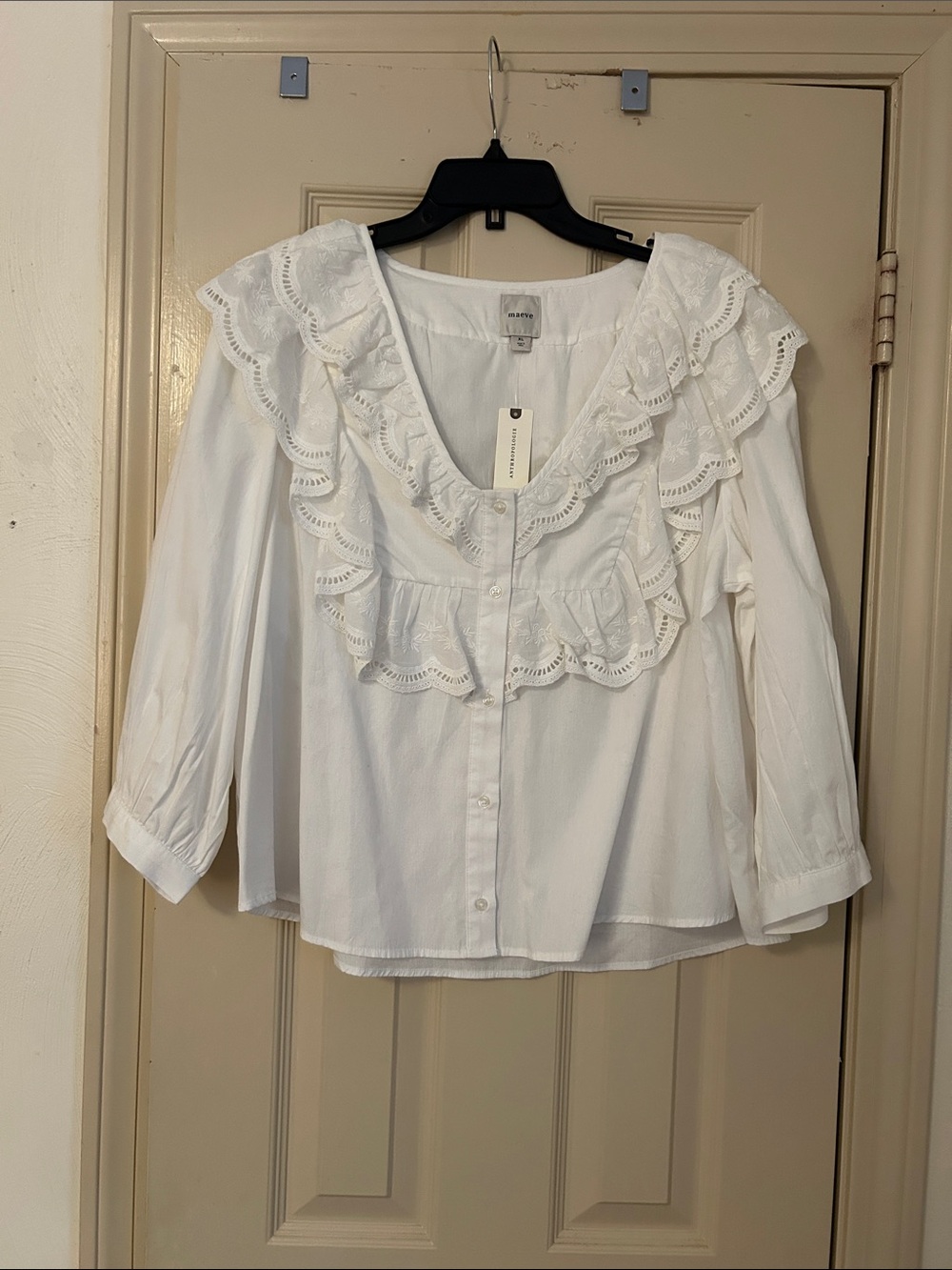 Anthropologie White Ruffle Button-Front Blouse